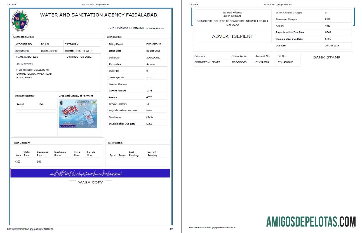Em branco modelo de conta de serviços públicos WASA do Paquistão em formatos Word e PDF, 2 páginas